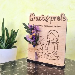 Placa de Madera con Flores Preservadas "Gracias Profe"