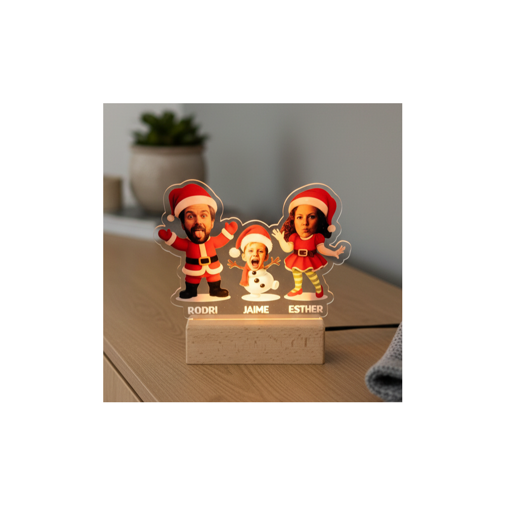 Lámpara LED Personalizada con Caricaturas Navideñas – Regalo Familiar Original