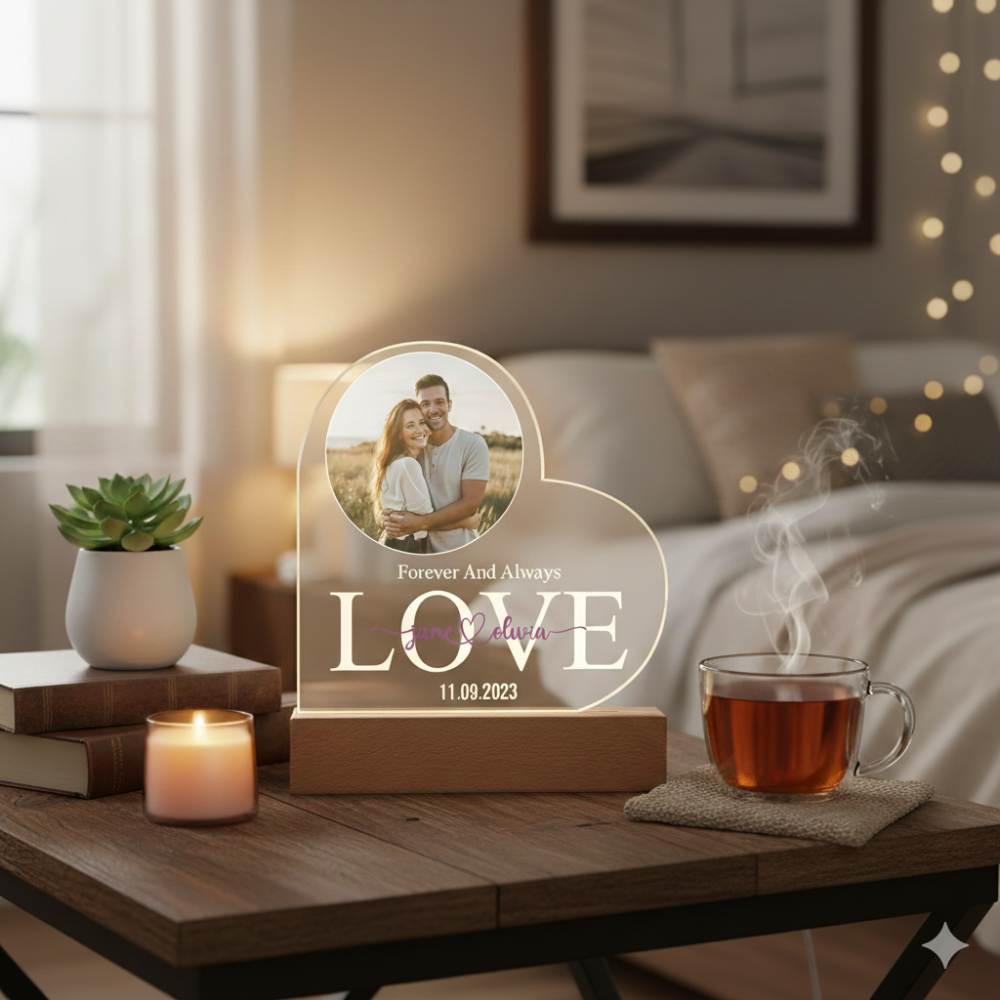 Lámpara de corazón personalizada con foto, nombres y fecha