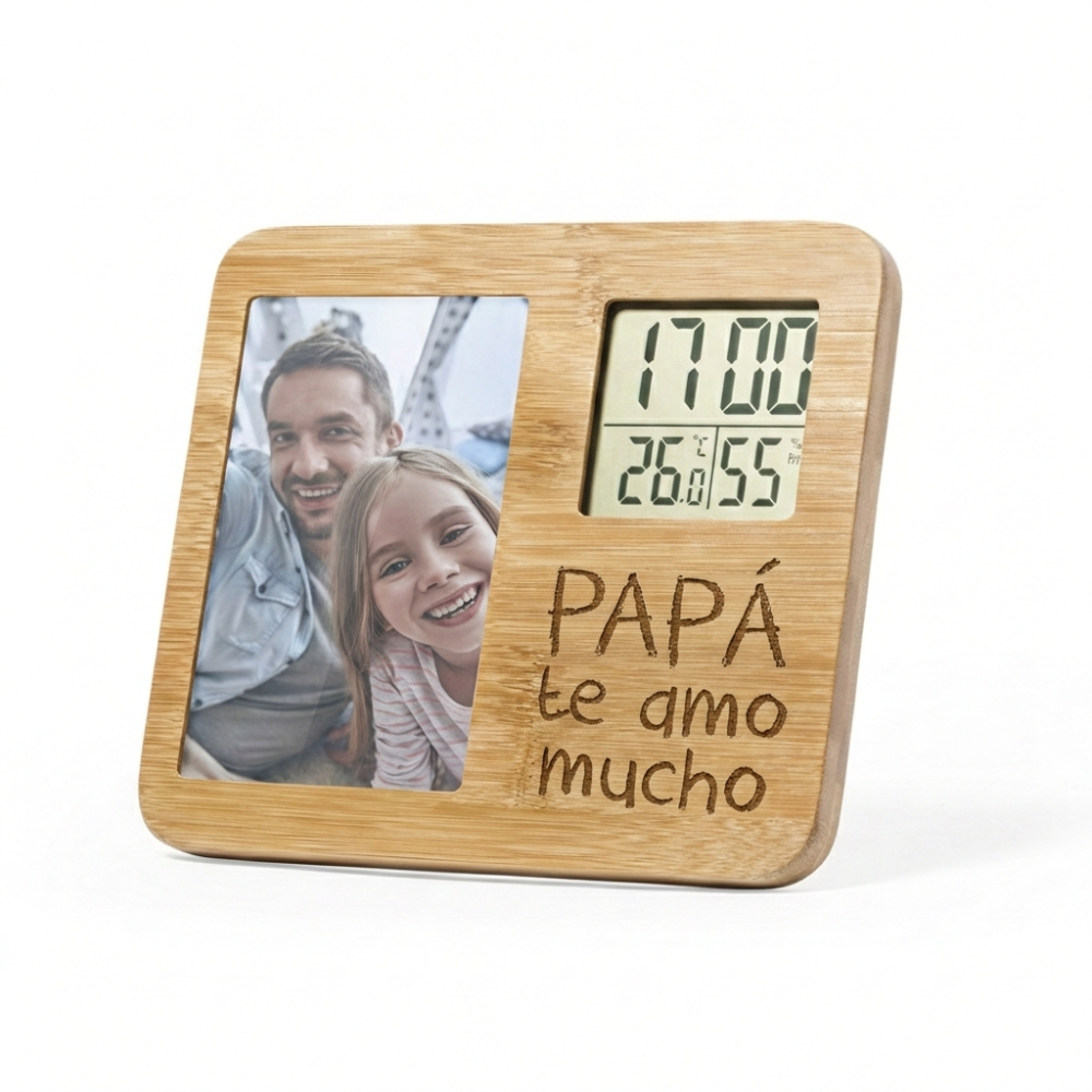 Marco de Fotos y Estación Meteorológica de Bambú Personalizado - Regalo Original Día del Padre Marco de Fotos y Estación Meteorológica de Bambú Personalizado - Regalo Original Día del Padre
